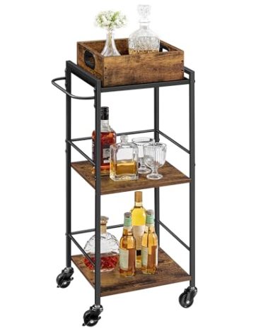 VASAGLE Kitchen Serving Cart with Removable Tray, 3-Tier Kitchen Utility Cart on Wheels with Storage, with Brakes, Leveling Feet, 11.8 x 13.7 x 33.9 Inches, Rustic Brown and Black ULRC062B01