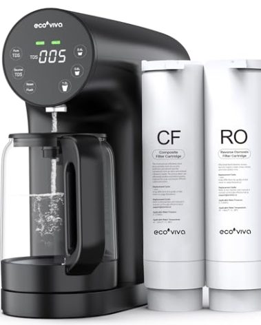Ecoviva Countertop Reverse Osmosis System RO Water Filter, 5-Stage Filtration, Real-time TDS Monitor, 3:1 Pure to Drain, No Installation Portable Water Purifier-Black