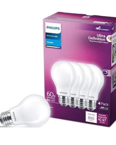 Philips LED 60W A19 4-Pack Ultra Definition Daylight (5000K) 800 Lumen (8W = 60W) Dimmable Frosted Flicker-Free Light Bulbs