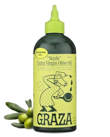 Graza Sizzle Extra Virgin Olive Oil, Cooking Oil - High Polyphenol Peak Harvest EVOO Cooking Oil in a Squeeze Bottle - Single Farm Olives from Spain - 16.9 Fl Oz (500ml)