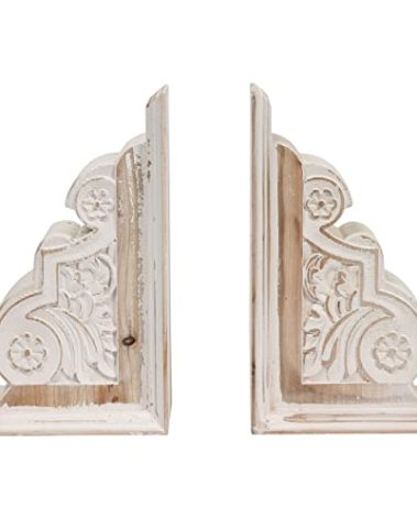 1 Pair Rustic Distressed Finish Wood Bookends, White Bookends Decorative Unique, Carved Pattern Farmhouse Book Ends for Shelves, Bookend for Heavy Books, Wooden Corbels for Home Room Decor