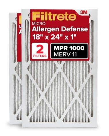Filtrete 18x24x1 AC Furnace Air Filter, MERV 11, MPR 1000, Micro Allergen Defense, 3-Month Pleated 1-Inch Electrostatic Air Cleaning Filter, 2 Pack (Actual Size 17.81 x 23.81 x 0.81 in)