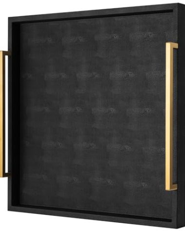 Extra Black Large Serving Tray with Handles for Ottoman,Versatile Shagreen Leather Square Ottoman Tray for Living Room