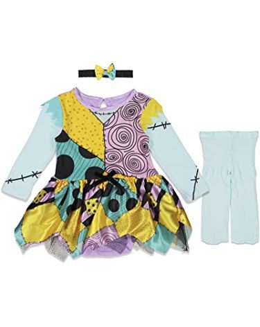 Disney Nightmare Before Christmas Sally Newborn Baby Girls Cosplay Dress Tights and Headband 3 Piece Set 0-6 Months Multicolored