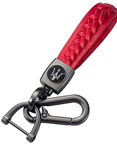 Wasben Red Color Car Logo Keychain Leather Braided Weave Key Lanyard Key Ring Car Accessories (fit maserati)