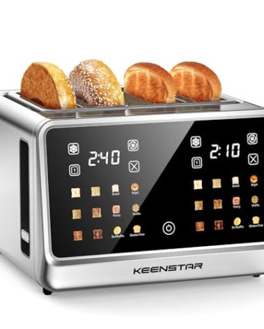 KEENSTAR 4 Slice Toaster with Touch Screen, Stainless Steel Smart Bread Toaster, 1.5" Wide Slots, 6 Shade Settings & 6 Bread Types for Bagels, Timer, Single Slice Toasting, Reheat, Defrost, 1800W