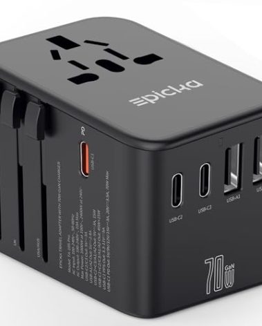 EPICKA Universal Travel Adapter, GaN International Plug Adapter with 3 USB-C 70W PD Fast Charging & 2 USB-A Adaptor All-in-one Wall Charger for USA EU UK AUS (TA-105 Pro, Black)