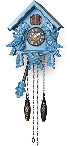 TIMEGEAR Cuckoo Clock with Night Mode, Singing Bird, Wooden Decorations and Swinging Pendulum (Blue)