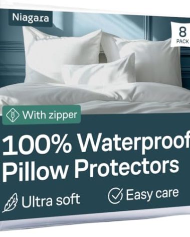 Niagara 8 Pack Waterproof Pillow Protectors King 20x36 Inches Smooth Zipper Premium Encasement Covers Quiet Cases Set White