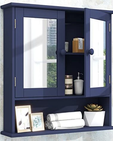 TaoHFE Blue Medicine Cabinet with Mirror, 2 Doors & 3 Open Shelves - Wall Mounted Wooden Storage Cabinet for Bathroom, Laundry or Kitchen