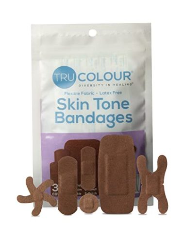Tru Colour - Assorted Bandages, Flexible Fabric Adhesive Bandages, Dark Brown Skin Tone Shade, Purple Bag, 30 Count