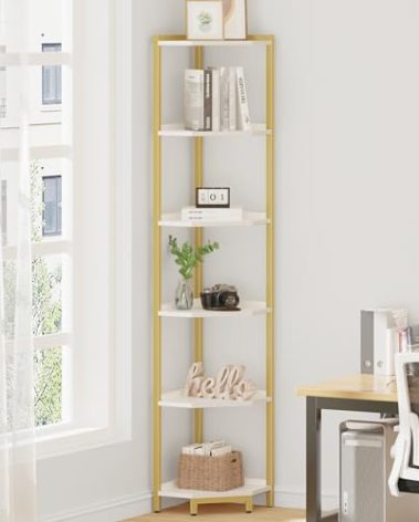 Hzuaneri Corner Shelf Stand, Corner Bookshelf, Storage Standing Shelf Unit with Metal Frame, Plant Stand, Corner Bookcase for Living Room, Home Office, Bedroom, 6-Tier White Gold CS06003A