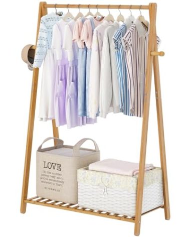 COOGOU Small Clothes Hanging Racks,Bamboo Wood Kids Clothing Garment Racks for Cloths,Free Standing Dress Costume Rack for Bedroom,Living Room, Commercial,Small Space