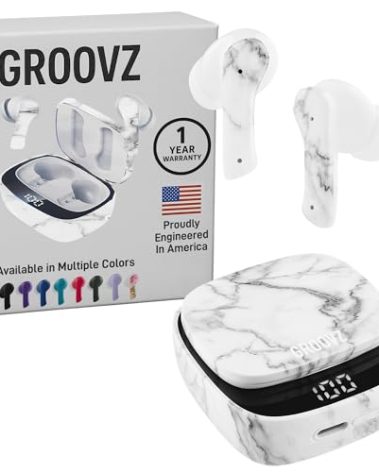 Groovz True Wireless Earbuds with Charging Case - Designed and Engineered in The USA - IPx4 Water Resistant Bluetooth Earbuds Compatible with Apple & Android - 27Hr Battery - White Marble