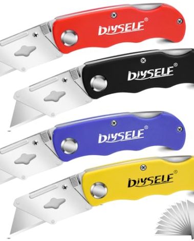 DIYSELF 4 Pack Utility Knife, Box Cutters for Light Duty Purposes, Razor Knife Utility, Box Cutter Knife for Cartoon, Cardboard, Folding Utility Knife for Warehouse, Shop, Box Cutter for Women