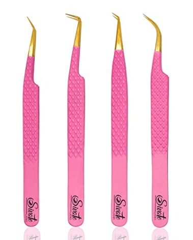 SIVOTE Fiber Tip eyelash tweezers for lash extensions with Diamond Grip, Pink, Set of 4 - Precise Tips Japanese Steel for Classic, Volume & Mega Volume Lashes, Anti-Rust - Ideal for Lash Artists