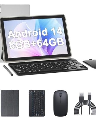 Tablet 10 Inch Android 14 Tableta, 2 in 1 Tablets with Keyboard Mouse Case Stylus, 8GB RAM+64GB ROM Support 1TB expansion, 2MP+8MP Dual Camera, 6000mAh Battery, Bluetooth WIFI6 1280 * 800 10.1" HD Tab