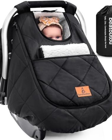 beatoutou Winter Baby Car Seat Cover, Waterproof Winter Infant Carseat Canopy for Boys Girls, Cold Weather Warm Car Seat Covers for Babies, Keeps Babies Warm and Cozy (Black)