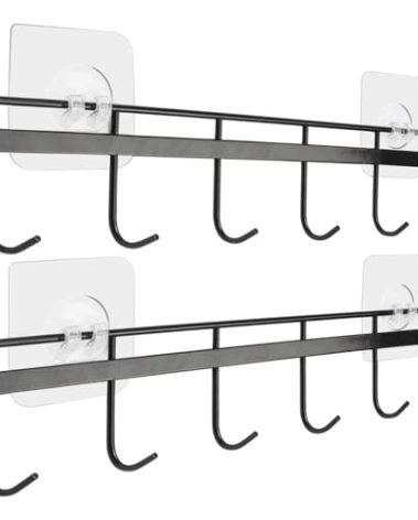 YiZhi Adhesive Wall Hooks Rack Kitchen Rail, Space Saving Utensil Holder No Drilling Wall Mounted Accessory Hanger with 6 Hooks for Kitchen Bathroom Bedroom Pack of 2 (Black)