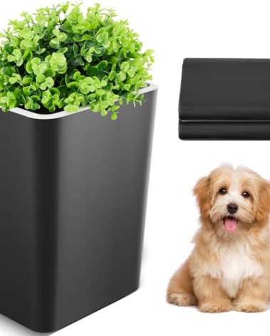 Jingmore Dog Poop Trash Can Outside 3.96 Gal/15 L Plant Styled Dog Waste Trash Can with Lid 50 Pcs Plastic Waste Bags Outdoor Indoor Poop Container Slim Garbage Bin for Bedroom Yard Garden Pet (Black)