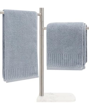 Winmien Standing Hand Towel Holder, Hand Towel Stand with Marble Base, 304 Stainless Steel Towel Rack with 2 Swivel Arm, Countertop Stand Towel Ring Towel Bar for Bathroom (Brushed Nickel,Square