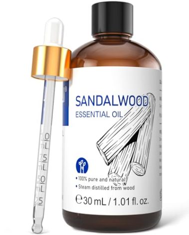 HIQILI Sandalwood Essential Oils 1 Fl Oz, 100% Pure Natural Therapeutic Grade for Skin, Diffuser, Perfume, Candle Soap Making, Includes Premium Quality Glass Dropper