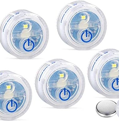 LUXPRO Waterproof Micro LED Puck Lights - Adhesive Lighting Ideal for Under Cabinets, in Tackle Boxes, or On Bookcases - Includes Batteries - 5 Pack