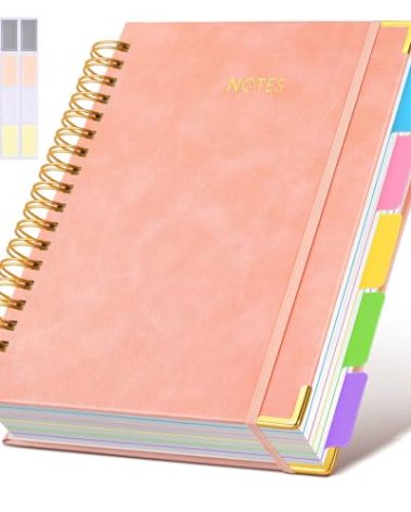 Hardcover Spiral Notebook Journal with Removable Dividers Tabs, 300 Pages Leather 5 Subject Notebook College Ruled, 8"x10" Large B5 Notebooks for Work School Note taking, Lined Journal for Women, Pink