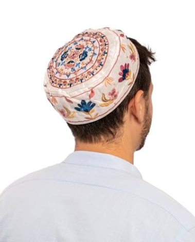 Yair Emanuel Kippah Bukharan Or Yemenite Bucharian & Yarmulke Hat Judaica Hand EMBROIDEREY HAT Flowers Oriental White (Bundle)