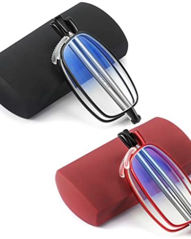 touk 2 Pack Foldable Reading Glasses Anti Blue Light, Soft Nose Pad Spring Hinge Compact Computer Readers with Portable Case for Men Women Black/Red +2.5