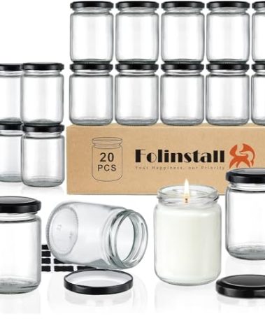 Folinstall 8 oz Small Glass Jars with Airtight Lids, 20 Pcs Candle Jars for Candle Making, Wedding Party, Empty Food Storage Jars for Spices, Honey, Jam, Candy, Cookies, Pudding, Yogurt, Dessert