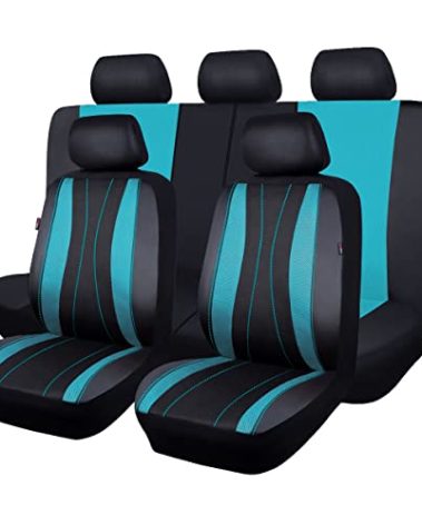 Flying Banner car seat Covers Full Set Faux Leather Air Mesh Breathable Man Lady Airbag Compatible Rear Bench Split 40/60 50/50 60/40 Truck Pick Up (Full Set - Low Back, Black Mint Blue)
