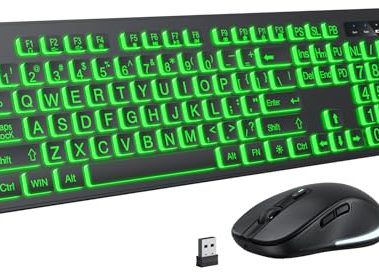 Large Print Wireless Keyboard and Mouse - 7 Colors Backlit Keyboard, Oversize Letters Keys Easy to See and Type, Rechargeable Keyboard and Mouse with Light Up Key, Compatible for PC, Windows, Gaming
