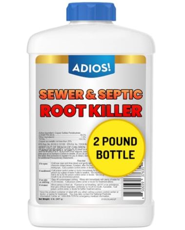 Adios! Sewer and Septic Root Killer for Trees and Shrubs, Copper Sulfate Formula Protects Sewer Pipes, Drains and Septic Tanks from Invasive Root Growth (2 Pound)