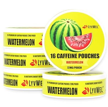 LyvWel 72mg Caffeine Energy Pouches – Watermelon – Juicy, Refreshing Energy with Guarana – 5-Pack (80 Total Pouches)