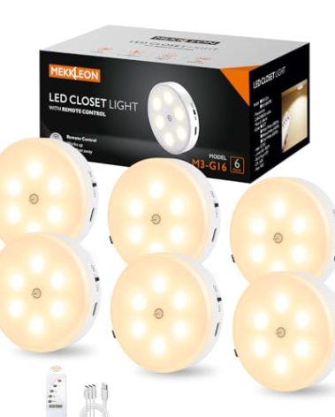 Puck Lights with Remote Control,1000mAh rechargeable under cabinet lighting,LED Closet Lights,3Pack Tap Light,Cordless Stick On Lights for Under Cabinet,Hallway, Stairway,Closet (Warm White-6PCS)