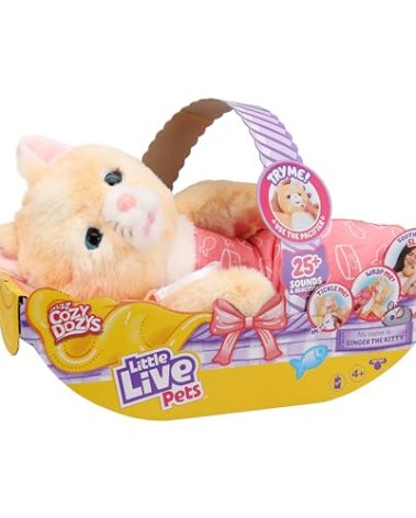 Little Live Pets Cozy Dozys Ginger The Pet Cat Toy, Interactive Plush Electronic Cat with 25+ Sounds, Soft Bedtime Kitty Toys for Kids of Ages 4+