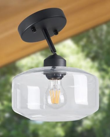 TeHenoo Matte Black Semi Flush Mount Light with Clear Glass Shade, Adjustable for Sloped Ceilings for Kitchen,Hallway,Living Room