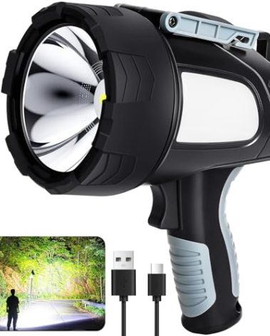 Rechargeable Spotlight Flashlight, 90,000 Lumen Super Bright Led Spotlight with 6 Modes & Foldable Tripod, Powerful Spot Light 20H Long Runtime, Handheld Spot Light for Outdoor Boating Hunting