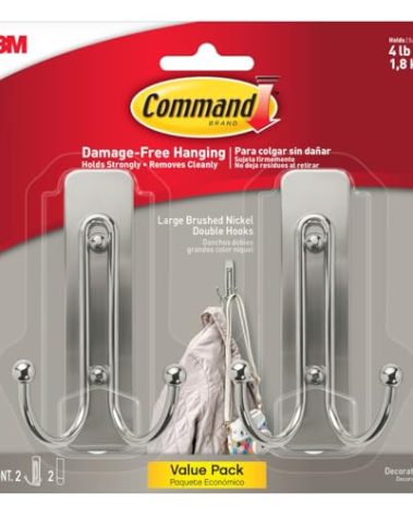 Command Large Brushed Nickel Double Hooks, 2 Hooks and 2 Command Strips, Damage-Free Hanging Wall Hooks with Adhesive Strips, No Tools Coat Hooks for Hanging Home Decor, Holds up to 4 lb