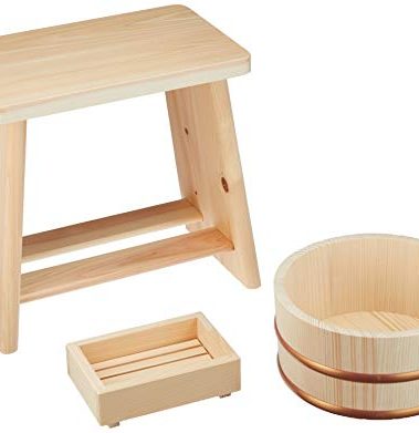 Hoshino Kogyo 3-Piece Set, A, Japanese Cypress Bath Chair, Fir Bathtub, Cypress Soap Stand
