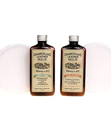 Chamberlain's Leather Milk Conditioner and Cleaner Kit - No. 1 - 2 Conditioner + Cleaner Kit - All Natural, Non-Toxic Leather Care. 2 Sizes. Made in the USA. Includes 2 Premium Restoration Pads! 6 OZ