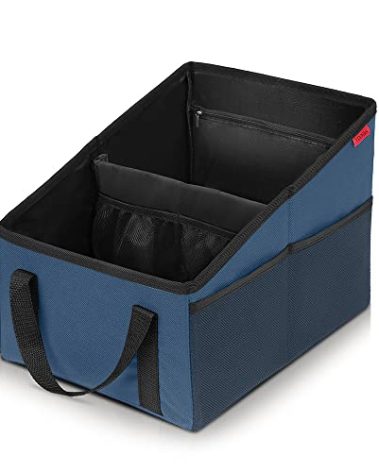 Car Seat Organizer - Passenger Seat Organizer, Collapsible Small Car Seat Storage Organizer for Console Front or Back, Automotive Backseat Organizer with Belt 4 Cup Holders for Kids Accessories, Blue