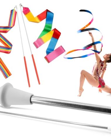 SIRCLES 28 Inch Twirling Marching Baton in Stainless Steel with Rubberized Ends Mini Shaft 3/8 with 2 Dancing Ribbons (28 Inch)