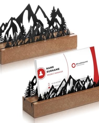 CroBlissful 2 Pcs Mountain Business Card Holders for Desk, Wood&Metal Black Mountain Range Forest Silhouette Business Card Display Stand for Home Office