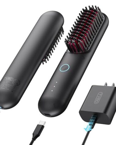 TYMO Cordless Hair Straightener Brush - Porta PRO Portable Straightening Brush for Travel, Mini Ionic Hot Comb Straightener for Women, Lightweight on-The-go, Cordless & Fast Charger Dual Power, Black