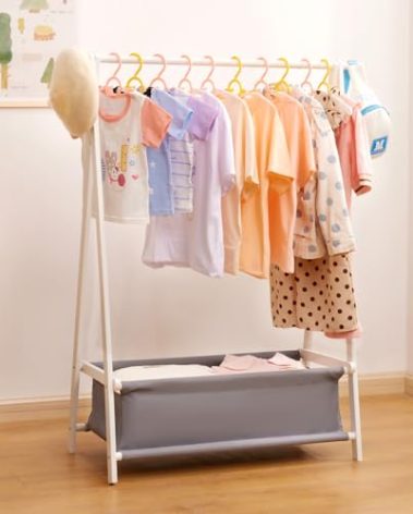 Cozivolife Kids Clothing Rack with Storage Box, Dress up Holder, Child Garment Stand with Hanging Rods, Small and Foldable, Bamboo (White)