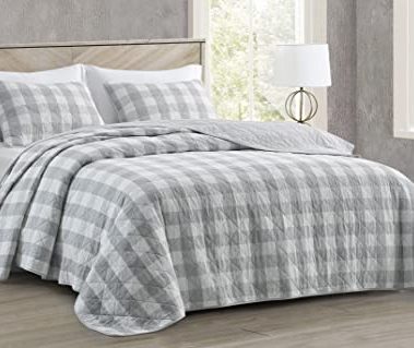 Chezmoi Collection 3-Piece Gray White Plaid Cotton Quilt Set - Buffalo Check Solid Reversible Bedspread - Pre-Washed Cotton Lightweight Coverlet, Queen Size