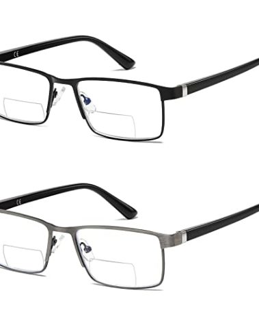LKEYE Bifocal Reading Glasses Men Progressive Blue Light Blocking Computer Readers No Line Wide Metal Frame Designer Cheaters Transition Square Stylish Fashion Eyewear LK6013 +2.50 Strength
