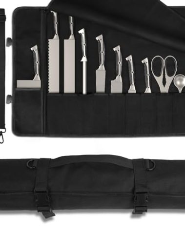 lelezone Upgraded Chef Knife Roll Bag, Waterproof Waxed Canvas Knife Case Holds Size Up to 18'', Portable Knife Holder with 11 Slots for Knives with Adjustable Strap, Gift for Beginner or Pro